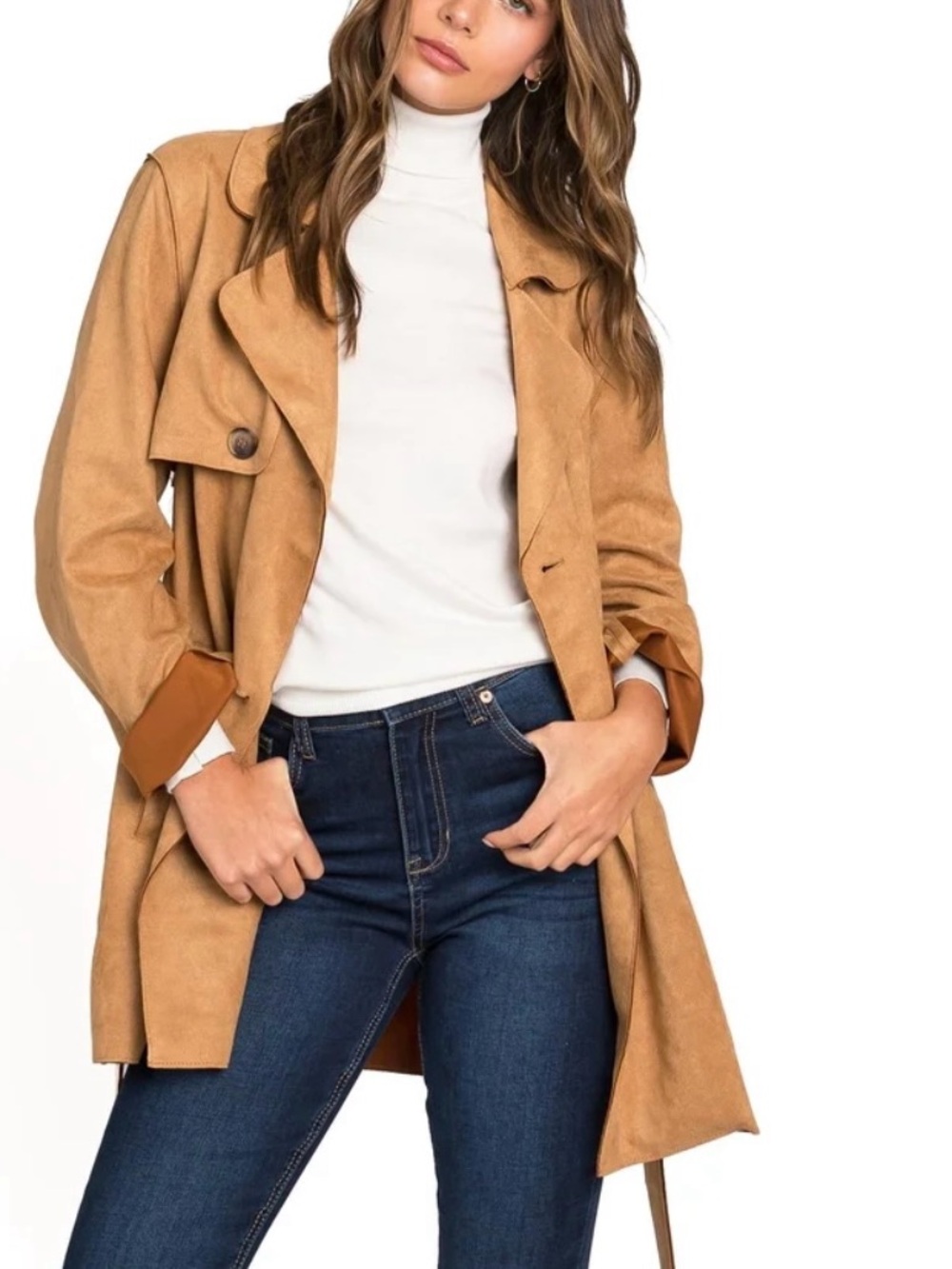 Love tree trench coat missing belt camel small long coat winter fall suede look